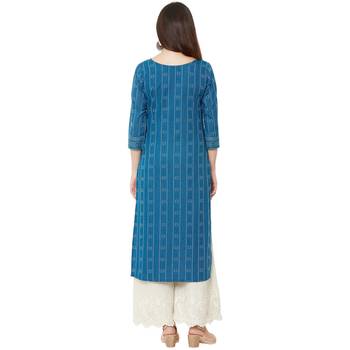 blue cotton woven casual floral embroidered kurti with 3/4th sleeves. 4