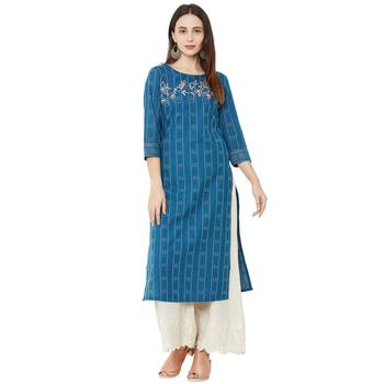 blue cotton woven casual floral embroidered kurti with 3/4th sleeves. 5