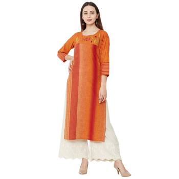 orange cotton woven casual kurti having floral embroidery with 3/4th sleeves. 1