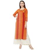 orange cotton woven casual kurti having floral embroidery with 3/4th sleeves.