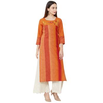 orange cotton woven casual kurti having floral embroidery with 3/4th sleeves. 2