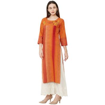 orange cotton woven casual kurti having floral embroidery with 3/4th sleeves. 3