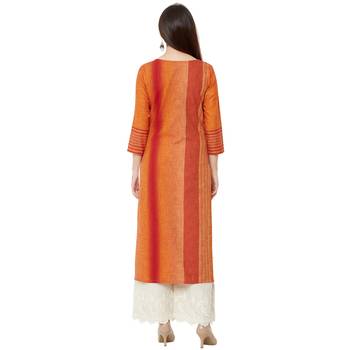 orange cotton woven casual kurti having floral embroidery with 3/4th sleeves. 4