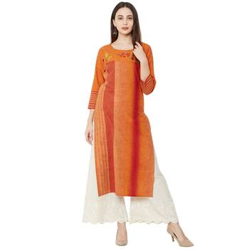orange cotton woven casual kurti having floral embroidery with 3/4th sleeves. 5