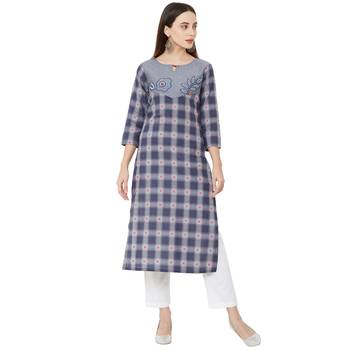 casual wear cotton woven grey color 3/4th slevees kurti with floral thread-work. 1