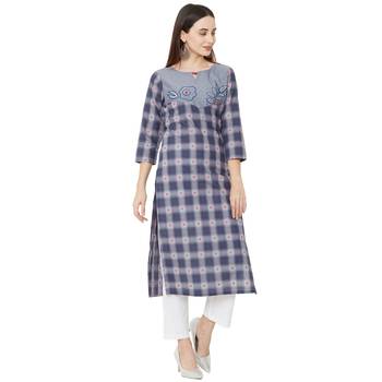 casual wear cotton woven grey color 3/4th slevees kurti with floral thread-work. 2
