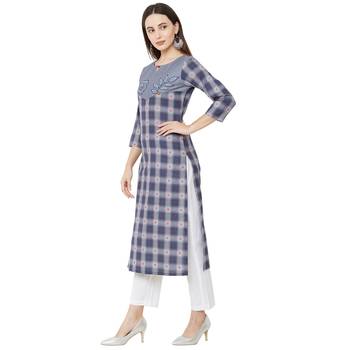 casual wear cotton woven grey color 3/4th slevees kurti with floral thread-work. 3