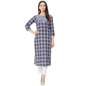 casual wear cotton woven grey color 3/4th slevees kurti with floral thread-work. 5
