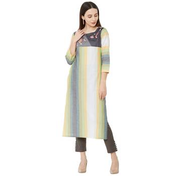 casual cotton woven multicolor embroidered kurti with 3/4th sleeves. 1