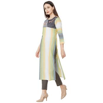 casual cotton woven multicolor embroidered kurti with 3/4th sleeves. 3