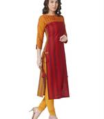 cotton woven red & yellow embellished casual wear 3/4th sleeves with geomteric thread-work.