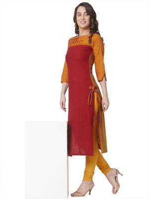 cotton woven red & yellow embellished casual wear 3/4th sleeves with geomteric thread-work. 5