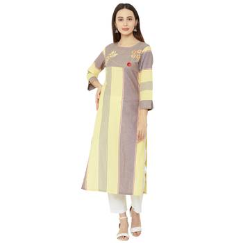 yellow and beige striped cotton woven casual kurti having floral embroidery on yoke. 1