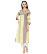 yellow and beige striped cotton woven casual kurti having floral embroidery on yoke.