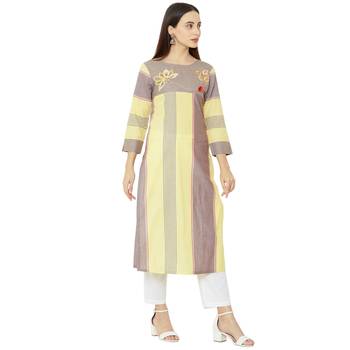 yellow and beige striped cotton woven casual kurti having floral embroidery on yoke. 2