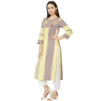 yellow and beige striped cotton woven casual kurti having floral embroidery on yoke. 3