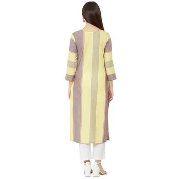 yellow and beige striped cotton woven casual kurti having floral embroidery on yoke. 4