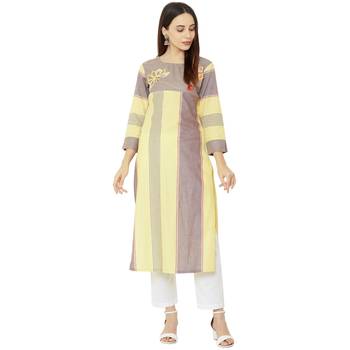 yellow and beige striped cotton woven casual kurti having floral embroidery on yoke. 5