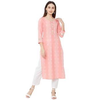 casual wear pink coloured cotton woven straight fit embellished kurti with 3/4th sleeves 1