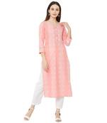 casual wear pink coloured cotton woven straight fit embellished kurti with 3/4th sleeves