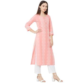 casual wear pink coloured cotton woven straight fit embellished kurti with 3/4th sleeves 2