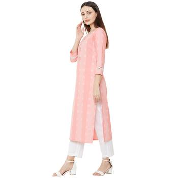 casual wear pink coloured cotton woven straight fit embellished kurti with 3/4th sleeves 3