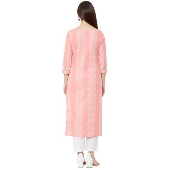 casual wear pink coloured cotton woven straight fit embellished kurti with 3/4th sleeves 4