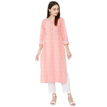 casual wear pink coloured cotton woven straight fit embellished kurti with 3/4th sleeves 5