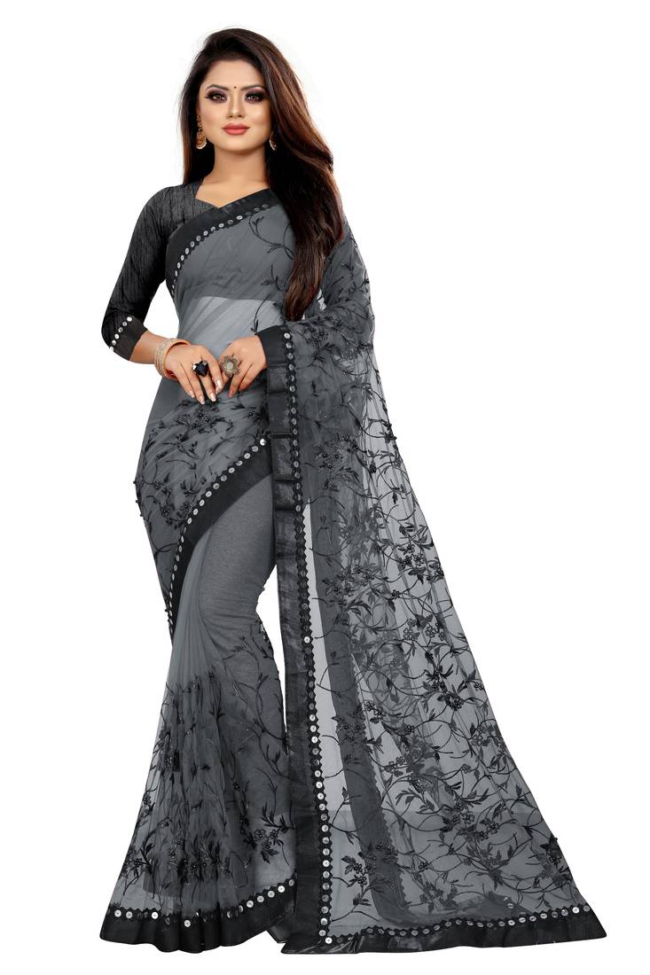Grey embroidered net saree with blouse