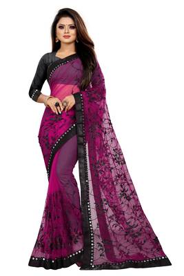 Purple embroidered net saree with blouse 1