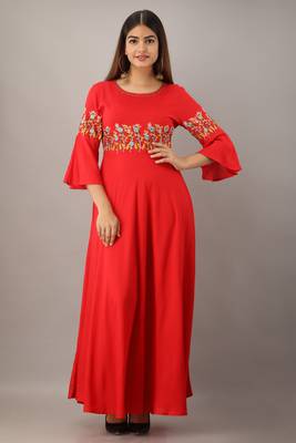Women's Red Rayon Slub Embroidered Anarkali Kurta 1