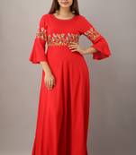 Women's Red Rayon Slub Embroidered Anarkali Kurta