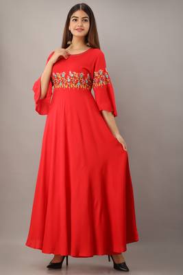 Women's Red Rayon Slub Embroidered Anarkali Kurta 2