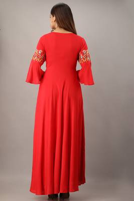 Women's Red Rayon Slub Embroidered Anarkali Kurta 3