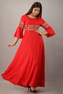 Women's Red Rayon Slub Embroidered Anarkali Kurta 4