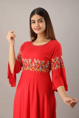Women's Red Rayon Slub Embroidered Anarkali Kurta 5