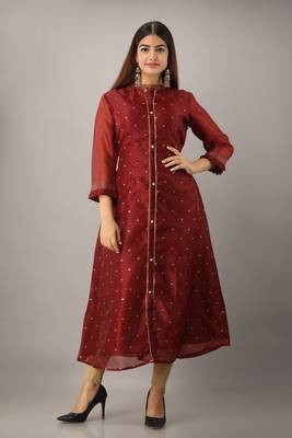 Women's Navy Blue Tissue Embroidered A-line Kurta 1