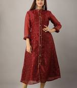 Women's Navy Blue Tissue Embroidered A-line Kurta