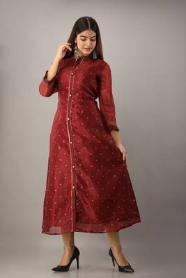 Women's Navy Blue Tissue Embroidered A-line Kurta 2