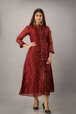Women's Navy Blue Tissue Embroidered A-line Kurta 3