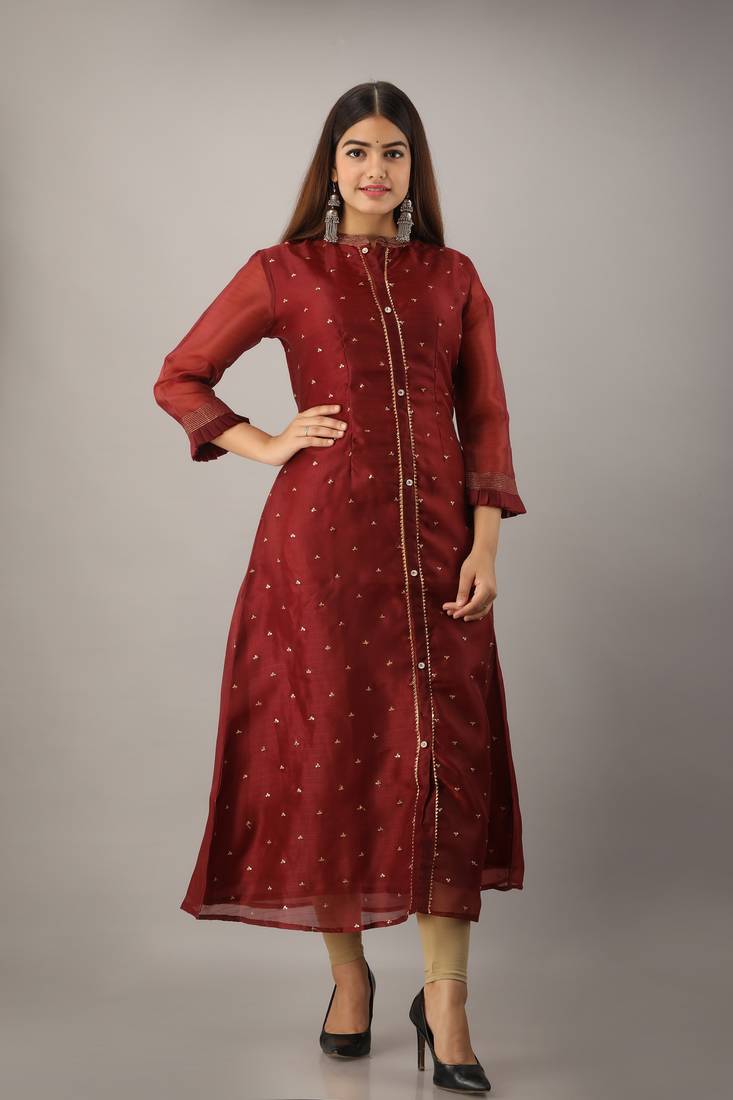 Women's Navy Blue Tissue Embroidered A-line Kurta