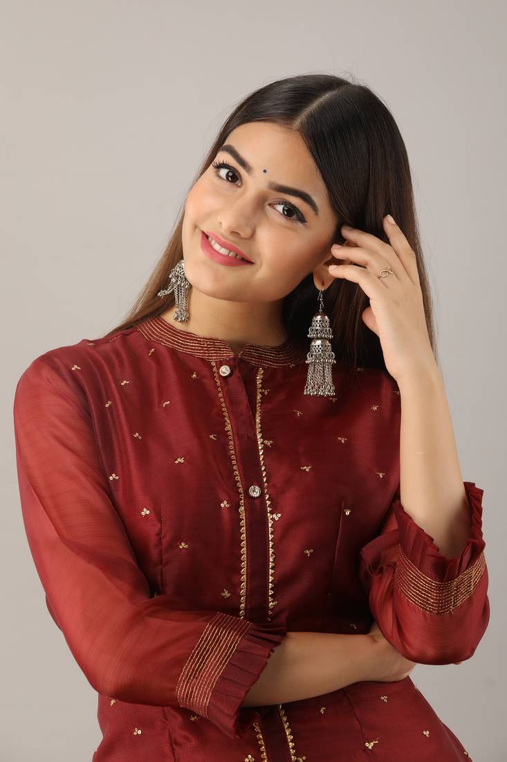 Women's Navy Blue Tissue Embroidered A-line Kurta