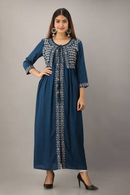 Women's Teal Blue Rayon Slub Embroidered Straight Kurta 1