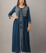 Women's Teal Blue Rayon Slub Embroidered Straight Kurta