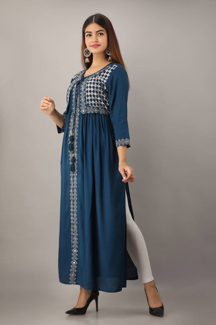 Women's Teal Blue Rayon Slub Embroidered Straight Kurta