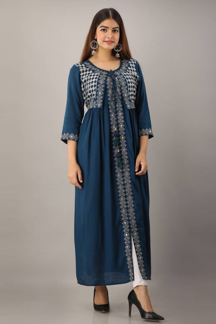 Women's Teal Blue Rayon Slub Embroidered Straight Kurta