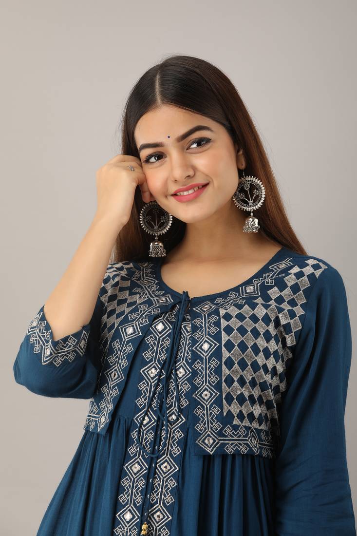 Women's Teal Blue Rayon Slub Embroidered Straight Kurta