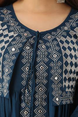 Women's Teal Blue Rayon Slub Embroidered Straight Kurta 5