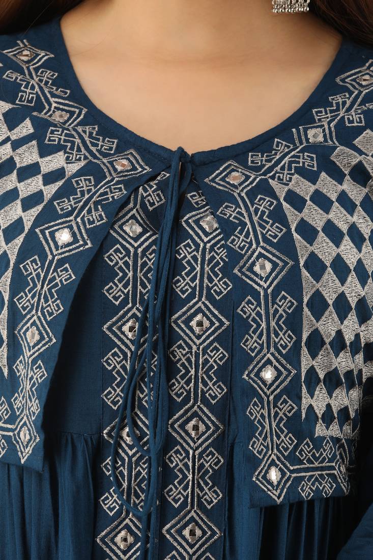 Women's Teal Blue Rayon Slub Embroidered Straight Kurta