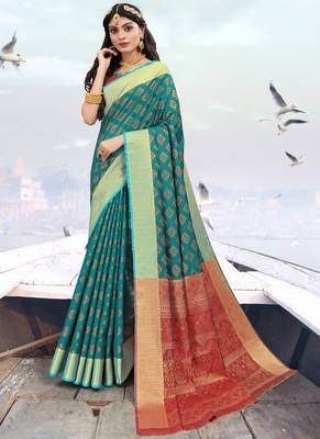 Dark Turquoise Faux Silk Blend Party Wear Sarees 1